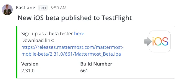 수신 웹훅을 사용하여 Mattermost에 게시된 Fastlane 알림 예시.