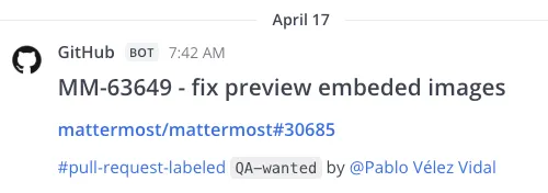 수신 웹훅을 사용하여 Mattermost에 게시된 GitHub 알림 예시.