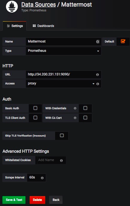 Grafana 설치에 대한 Mattermost 데이터 소스 구성 설정.