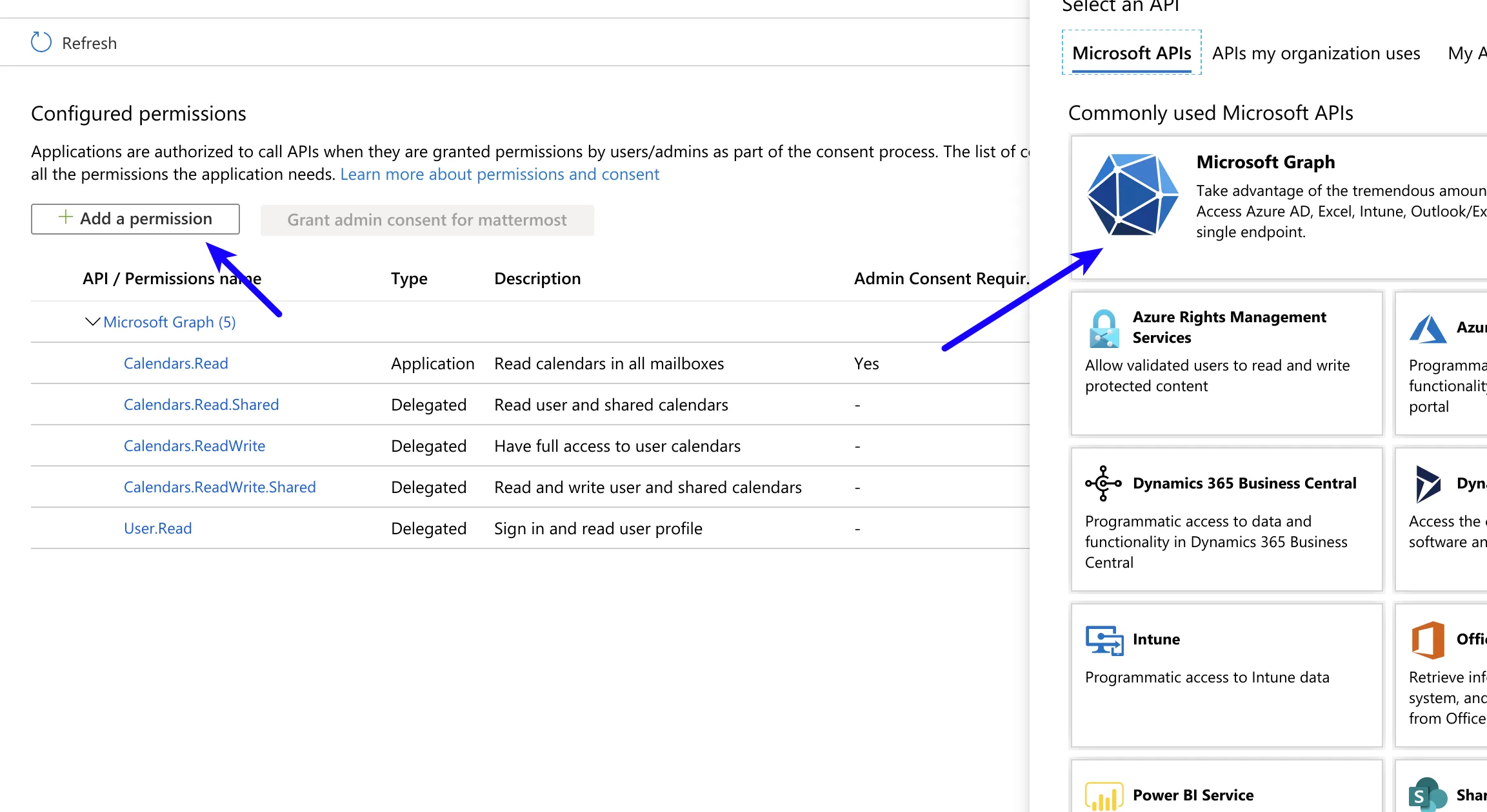 Azure에서 Microsoft Graph에 대한 권한을 추가합니다.