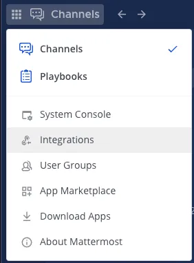 통합 작업 기능을 보여주는 Mattermost 메뉴 옵션.