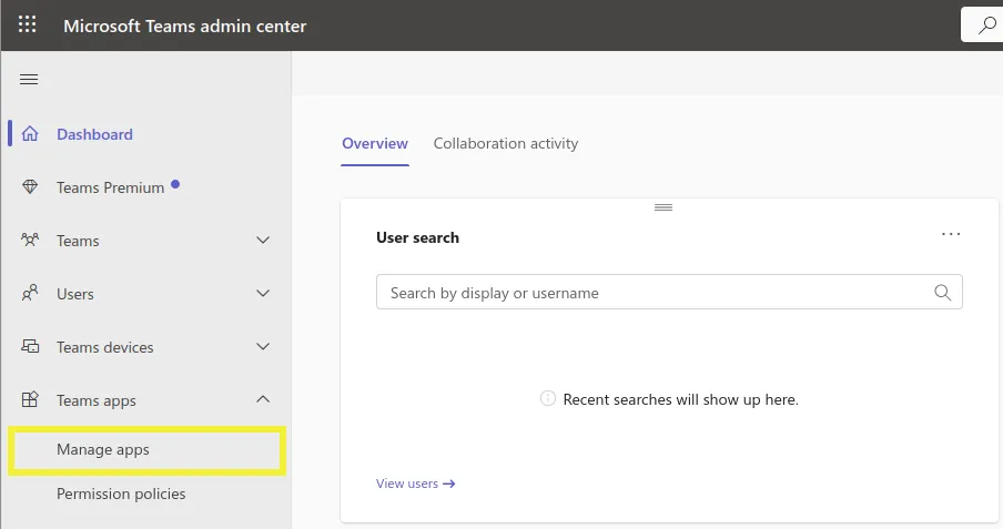 MS Teams에서 앱 관리로 이동하여 Mattermost Mission Collaboration for Microsoft 365 앱을 설치합니다.